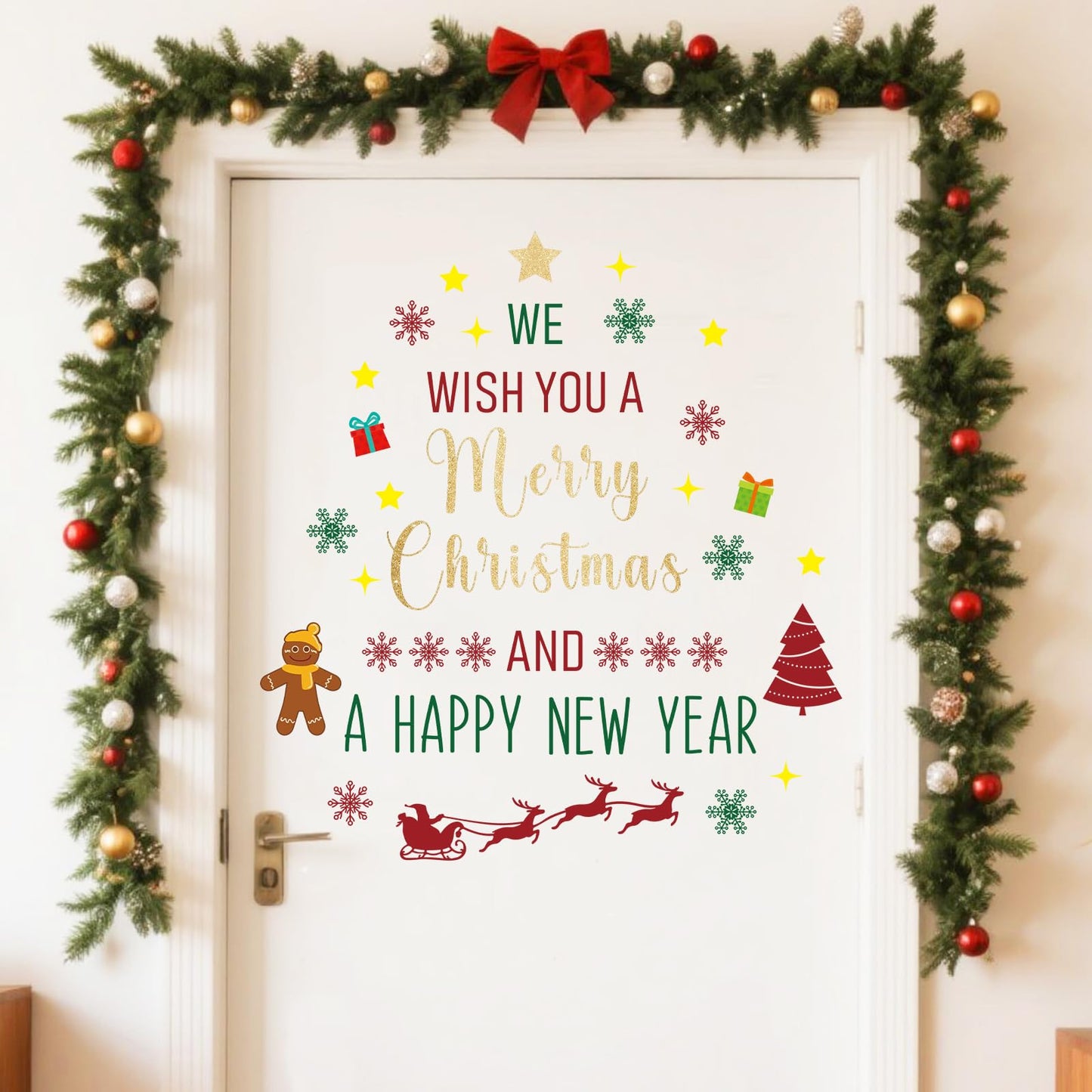 Rotumaty Christmas Wall Decals Stickers Decor Glitter Merry Christmas Tree Happy New Year Quote Decorations Holiday Seasonal Wall Art Decor for Home Office Classroom Party Ornaments