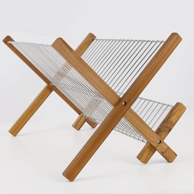 HTB Dish Drying Rack 2 Tier,Collapsible Stainless Steel & Teak Wood Dish Drying Rack,Foldable Dish Drainer for Plates,Cups,Kitchen Counter,Home,Apartment