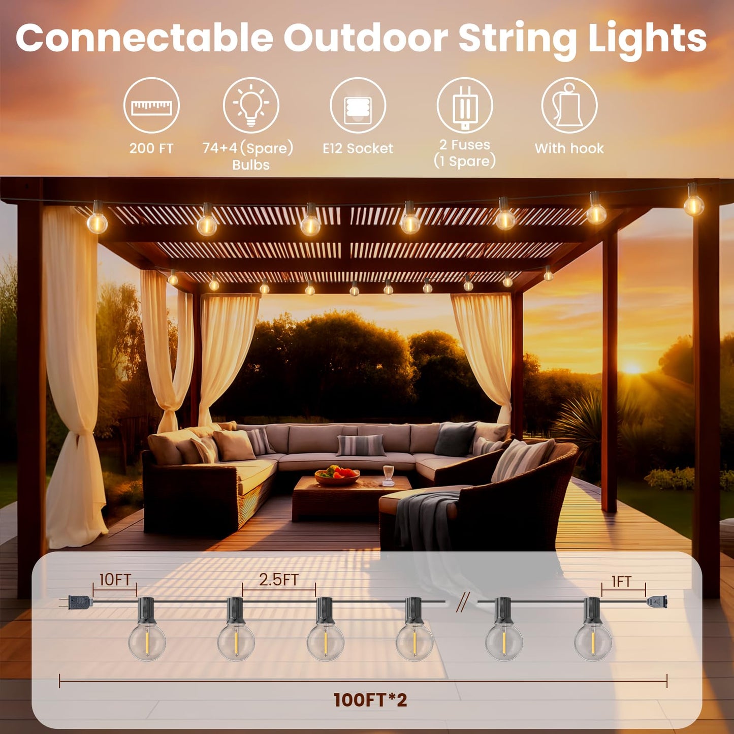 RTTY 200 FT Outdoor String Lights Patio Light for Outside, Waterproof G40 Shatterproof LED Bulbs, Dimmable Hanging Connectable Globe Lighting for Backyard, Cafe, Bistro, Market, Balcony, Porch, 2700K