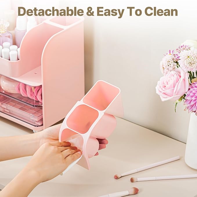 Makeup Organizer with Brush Holder, Makeup Organizer Countertop with 2 Drawers, Make up Organizers for Vanity, Vanity Organizer, Makeup Storage For Skin Cares,Makeup Brushes,Lipsticks,Perfumes(Pink)