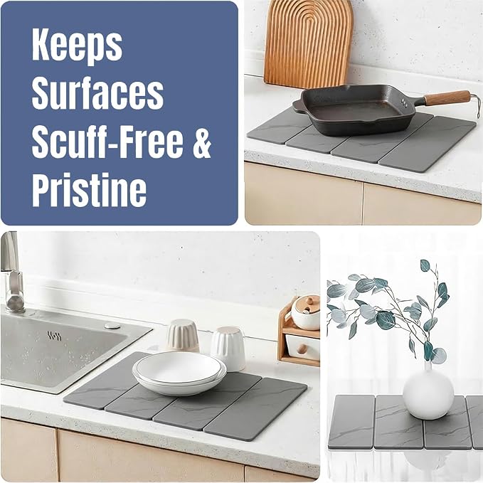 Stone Drying Mat for Kitchen Counter,24"×16" Diatomaceous Earth Dish Drying Mat, Absorbent Drying Stone Mat for Modern Kitchen Countertop (Light Gray, Large)