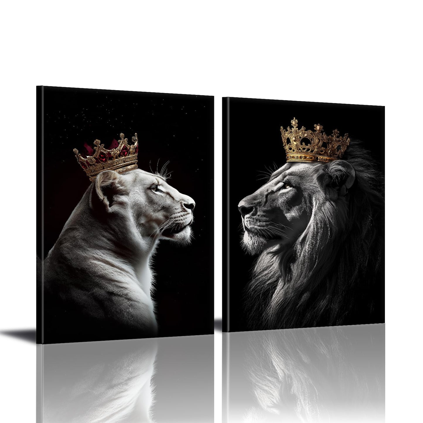 Lion King and Queen Wall Art 2 Piece Golden Crown Lion Canvas Picture Animal Couple Poster African Wild Animal Painting Black and White Artwork for Living Room Bedroom Decor(Ani-02,12"x16"x2)
