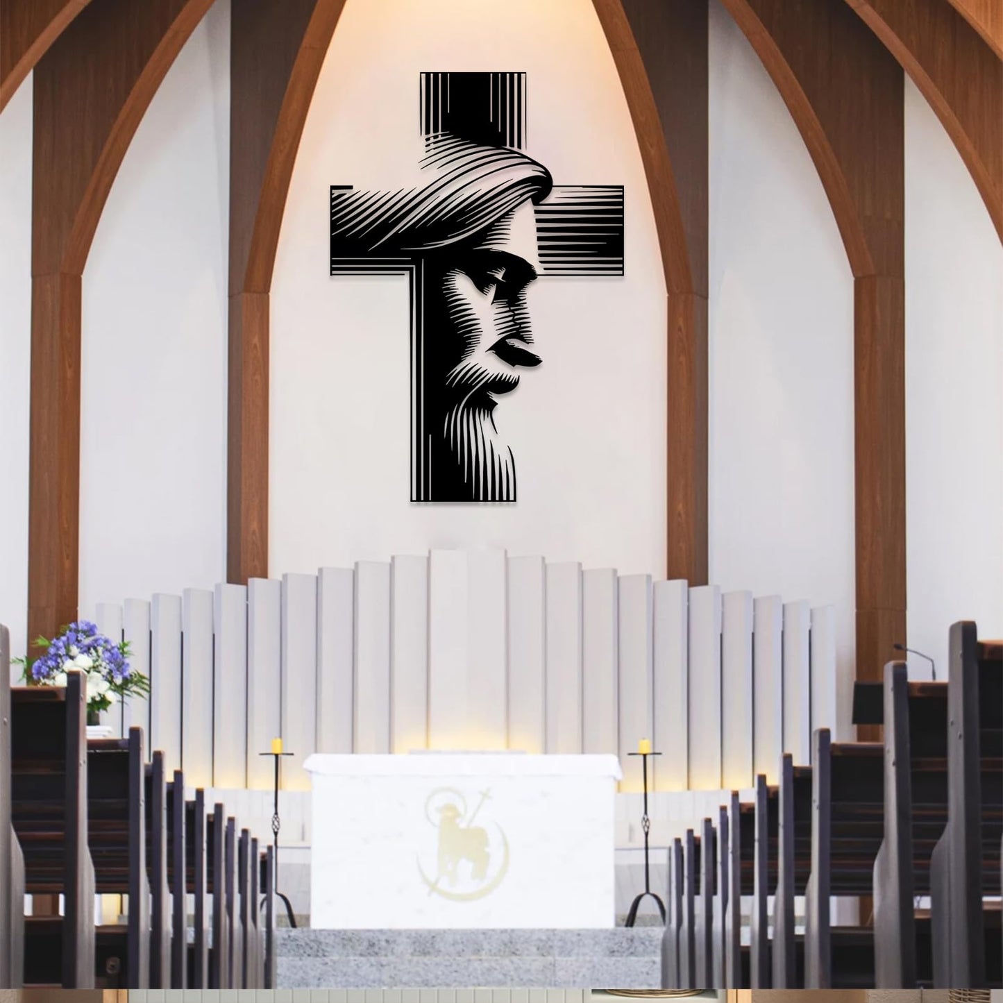 Metal Jesus Cross Wall Decor, Modern Christian Wall Art Sign, Black Metal Religious Hanging for Home Office Prayer Room, Framed Wall Decoration Ready to Hang (Gold, 35x24in|90x62cm)