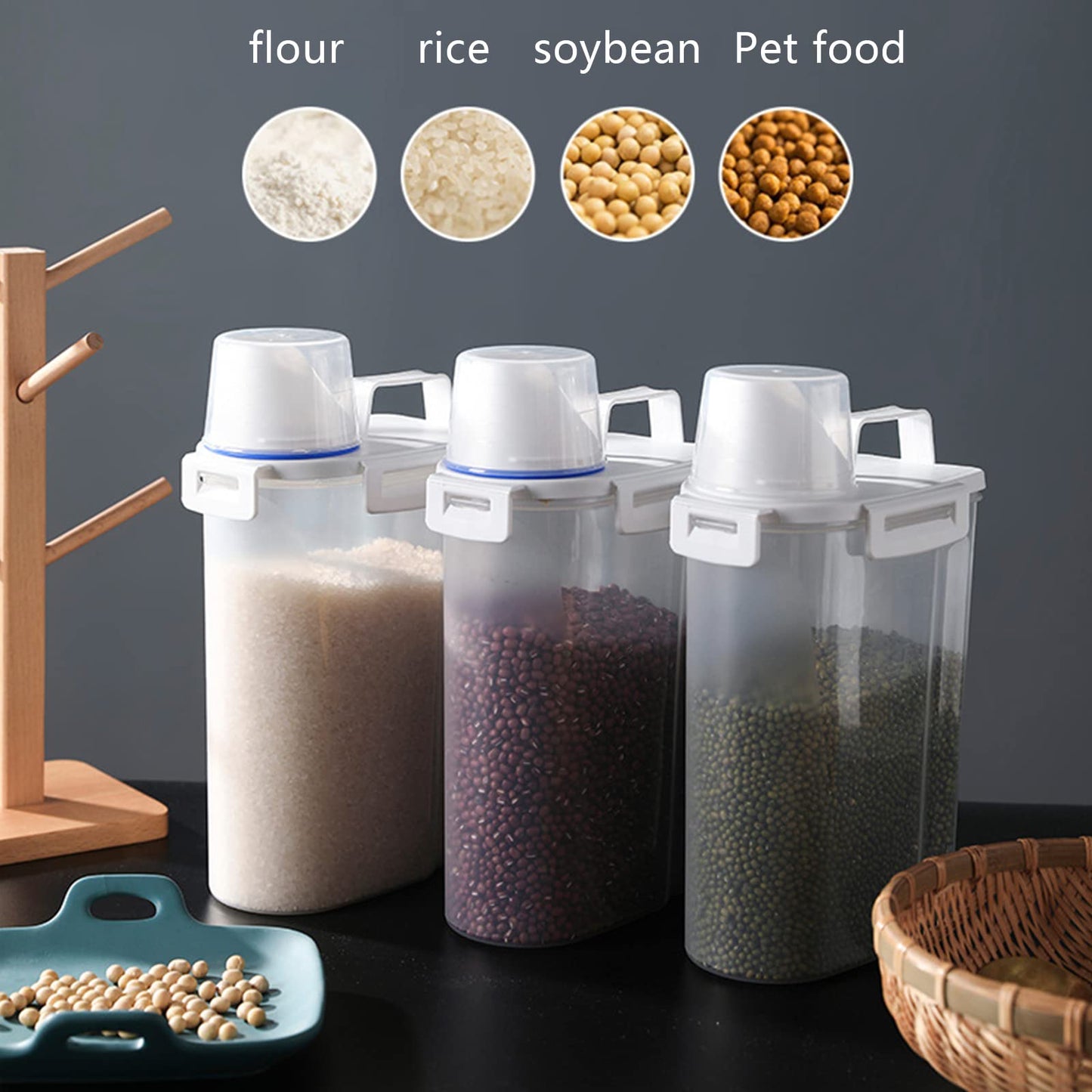 jioko 2 Pcs 5.5 LB Rice Storage Container, Airtight Cereal Flour Dispenser with Pouring Spout & Measuring Cup, Kitchen Plastic Clear Dry Food Storage Bin for Grain Oatmeal Snacks Pet Dog Food