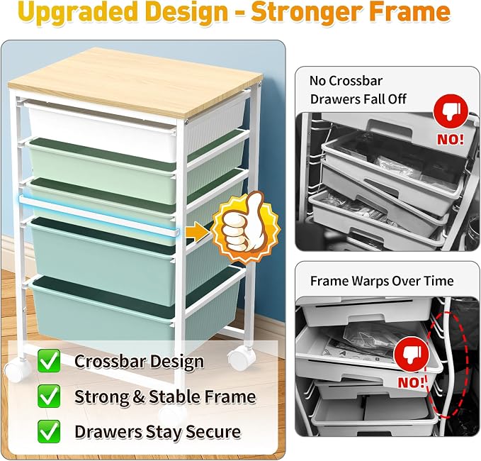 SUNALLY Rolling Carts With 5 Drawers, Storage Drawer Carts with Wooden Tabletop and 2 Lockable Wheels, Rolling Utility Cart for Craft Art Supply Storage & Home Office Organization, Green