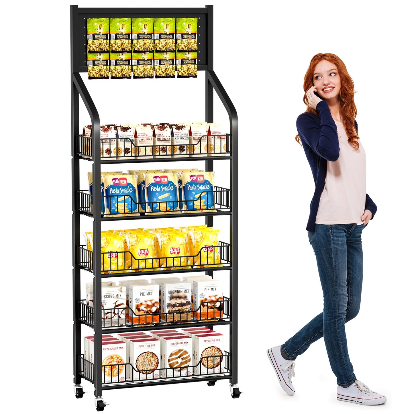 POIUNA 65" 5 Tier Snack Rack Display Stand with Hooks & Wheels, Metal Retail Display Shelf for Chips, Snacks, Candy, Metal Snack Shelf for Store Home Kitchen Store Organizer (60cm-black)
