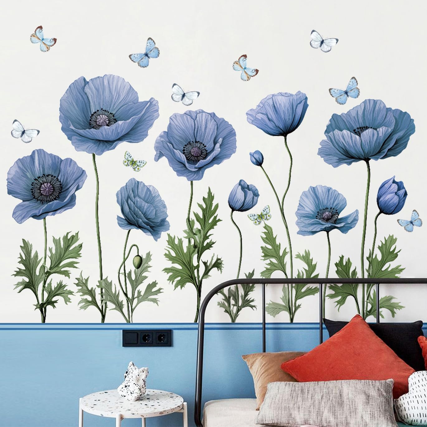 AM AMAONM Removable 3D Creative Flowers and Butterflies Wall Decal, Flower Vines Wall Stickers, DIY Floral Leaf Wall Decor for Home Nursery Bedroom Wall Corner Decoration (Blue)