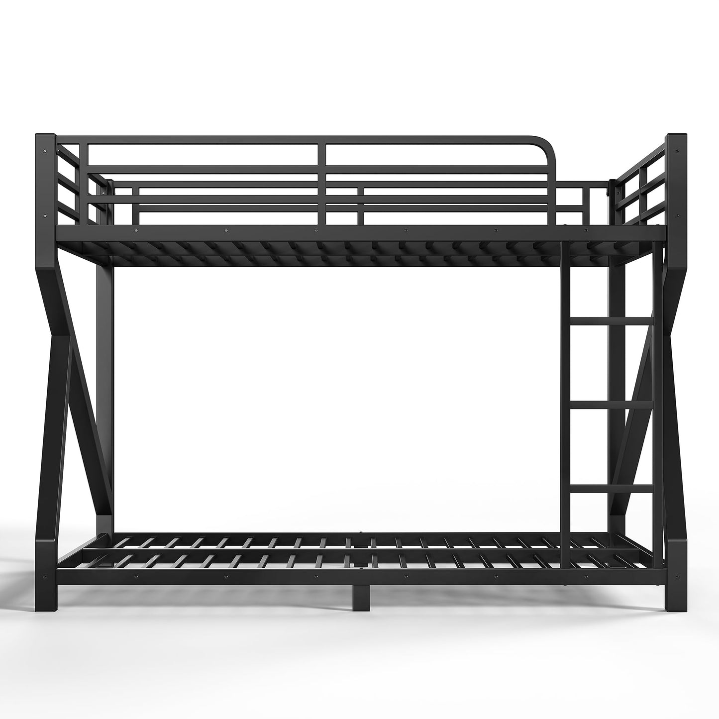 Bellemave Queen Over Queen Metal Bunk Bed,Low Profile Floor Bunk Bed Frame with Angled Ladder, Heavy Duty & Noise-Free Design for Kids, Teens & Adults, Black