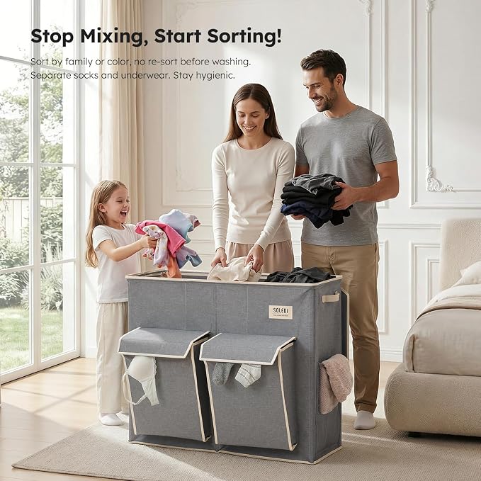 SOLEDI 220L Laundry Hamper 3 Section,Extra Large Laundry Basket with Lid and 2 Side Pockets, Dirty Clothes Hamper with Removable Bag Easy to Carry for Laundry Room, Bedroom, Bathroom, Grey