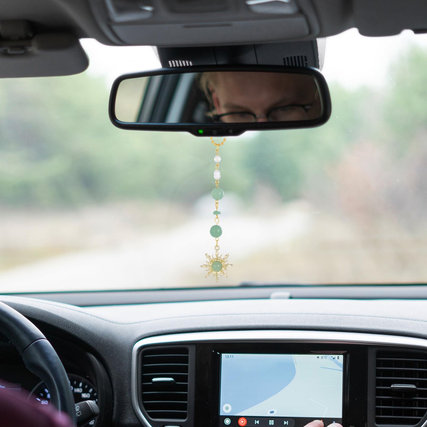 Thinp Sun Hanging Car Charm, Cars Rear View Mirror Accessories Cute Boho Sun Green Car Decor Dangling Handmade Crystals Stones Ornament for Women Men (Green)