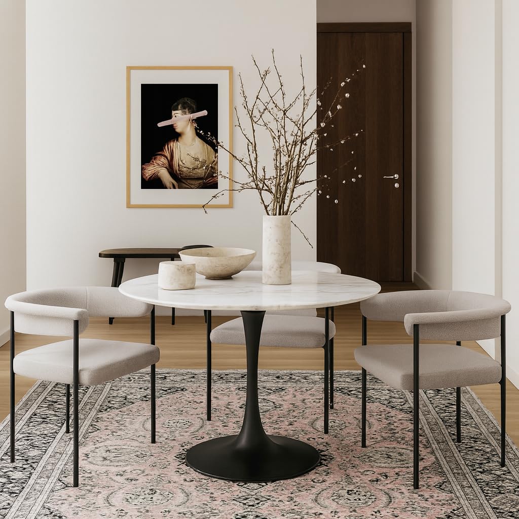 Meridian Furniture 973-T Holly Collection Modern | Contemporary Round Dining Table with Faux Marble Table Top and Rich Matte Black Base, 36" W x 36" D x 29.5" H