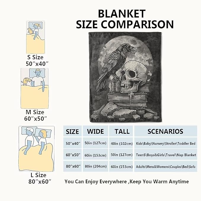 Gothic Skull Blanket,Goth Black Raven Spooky Throw Blankets,Gifts for Women Men, Lightweight Soft Fleece Cozy,for Sofa Couch Bed Room Travel,Festival Halloween Aesthetics Decor,50x60in