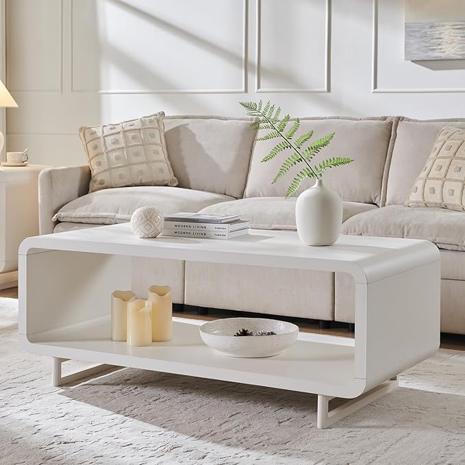 IFGET 48" Modern Coffee Table, 2-Tier Minimalist Center Table with Storage Shelf, Curved Profile Design, Wooden Rectangular Living Room Table w/Wood Thick Design for Living Room, Office, White