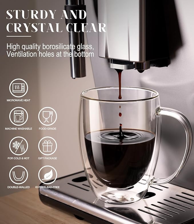 Double Walled Glass Coffee Mugs Set of 4, 12.5OZ Hand Blown Insulated Clear Glass Coffee Cups with Handle,Perfect for Latte,Cappuccino, Espresso, American,Tea Bag, Beverage