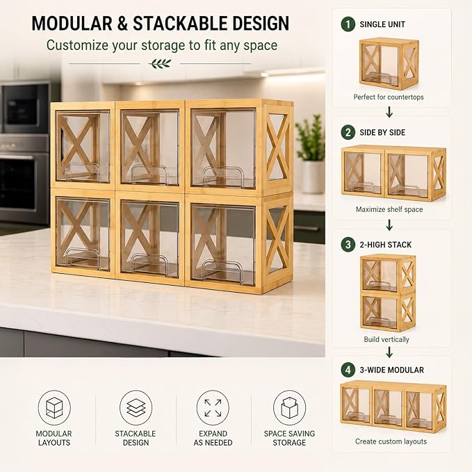 Stackable Bamboo Snack Drawer Organizer (2 Pack) – Pull-Out Storage Bins with Clear Acrylic Drawers – Pantry Storage for Snacks, Coffee Pods, Spices & K-Cups