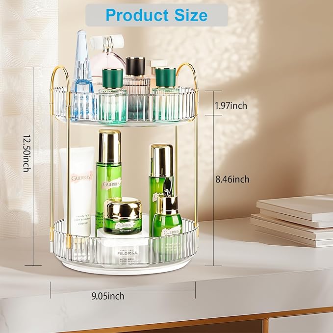 360 Rotating Makeup Organizer - Large Capacity Spinning Perfume & Cosmetic Skincare Holder for Countertop (Pearl White, 2 Tier)