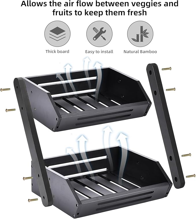 VIKEYHOME Kitchen Organizer with 2-Tier Bamboo Fruit Basket – Large Capacity, Space-Saving Fruit & Veggie Stand for Countertop, Snack Holder, Natural & Sturdy 15mm Thick Design