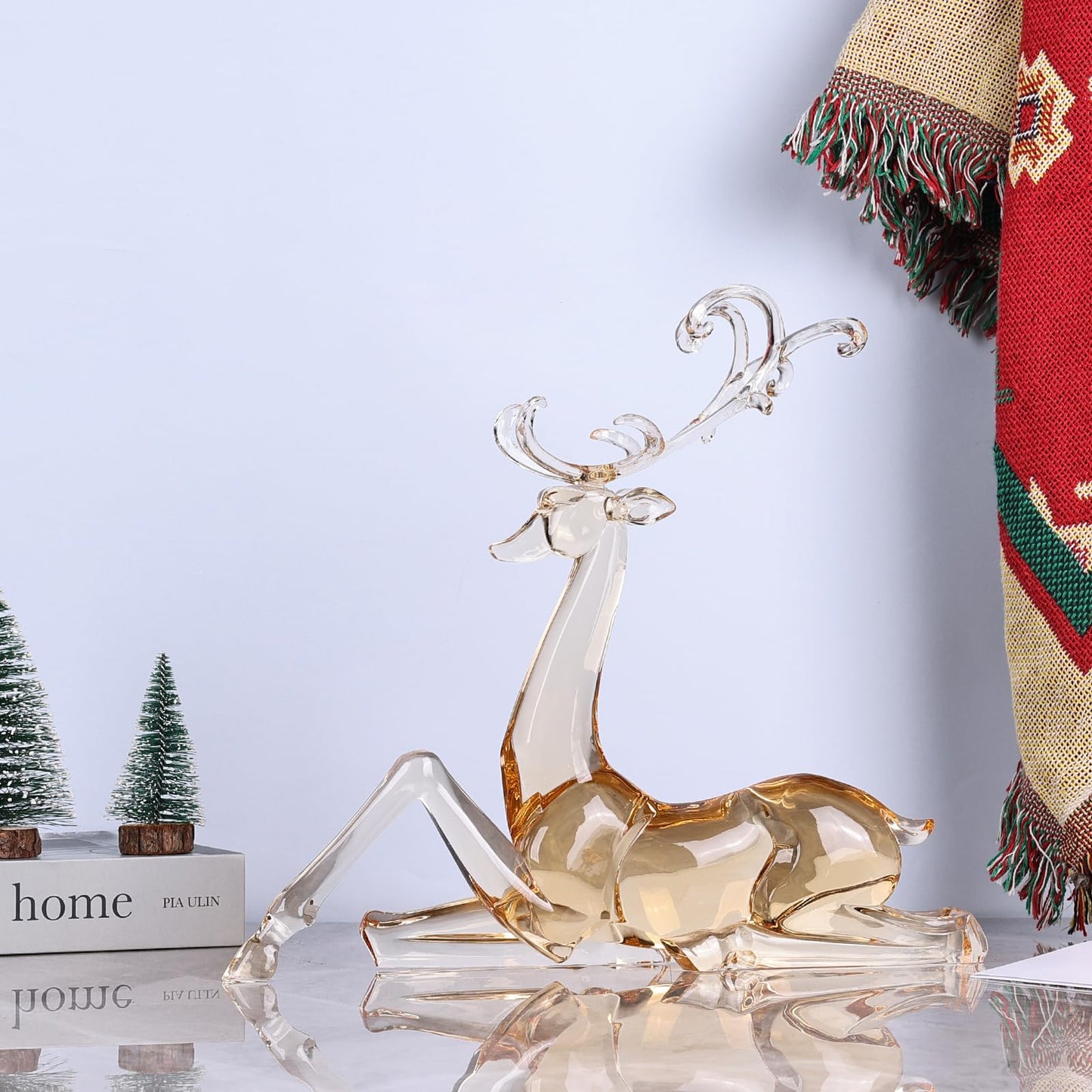 11" Tall Acrylic Christmas Reindeer Figurine - Elegant Clear Large Reindeer Ornaments for Christmas Indoor Decor, Holiday Centerpiece, Living Room, Fireplace, Table Display (Gold Sitting Reindeer)
