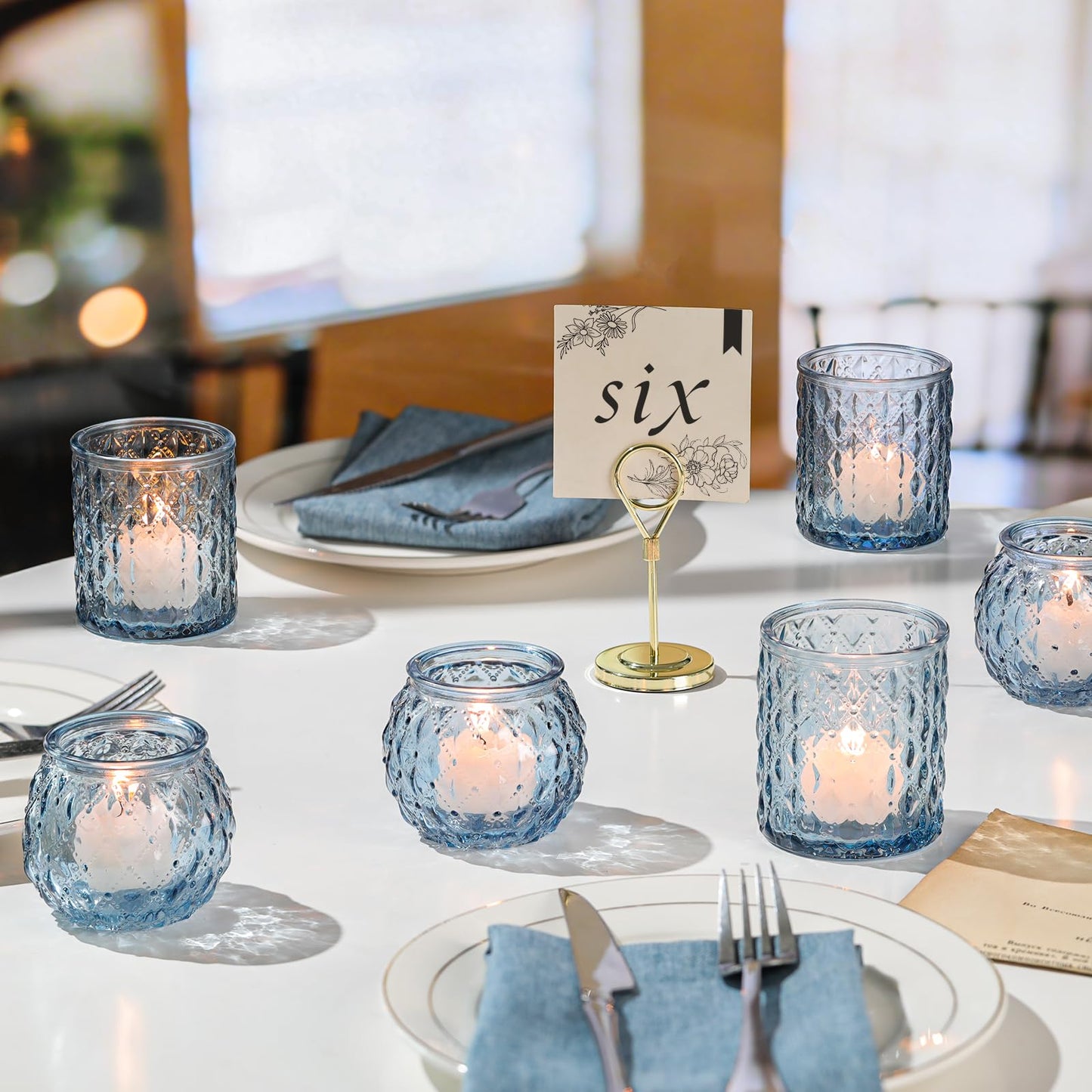 DARJEN Blue Votive Candle Holder Set of 20, Upgraded Size Tea Light Candle Holder Glass for Wedding Table Centerpieces, Elegant Bulk Votive Holders for Party, Proposals and Wedding Shower