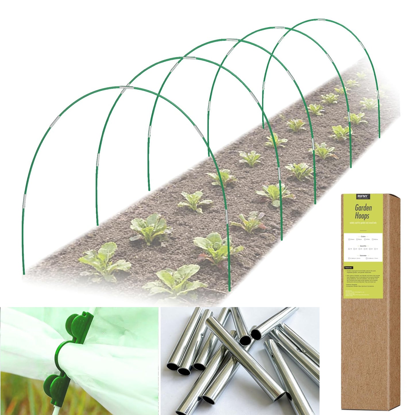 RIFNY 30 PCS Garden Hoops for Raised Beds, Greenhouse Hoops Kit Long Grow Tunnel for Row Cover, Rust-Free Fiberglass Garden Support Poles for Insect Mesh Netting Freeze Plant Cover (Green)