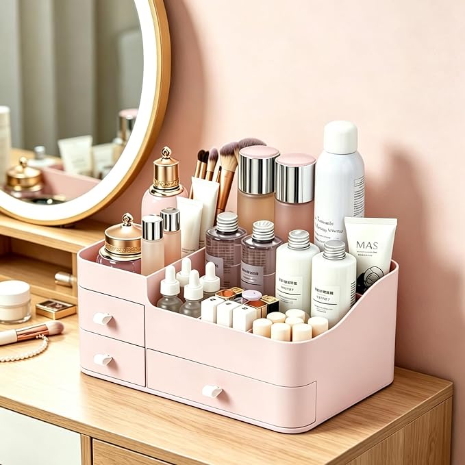 Makeup Organizer with Drawers, Bathroom Counter Organizer, Plastic Cosmetic Display Case, Large Skincare Storage for Vanity Countertop, Ideal for Bedroom Dresser top and Desktop