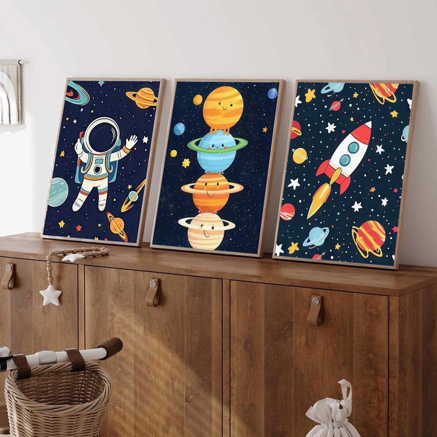 3Pcs Astronauts Nursery Wall Art Whimsical Outer Space Kid Decor Pictures Rocket Planet Posters Prints for Boys Room Girls Room Kids Room Decoration Unframed