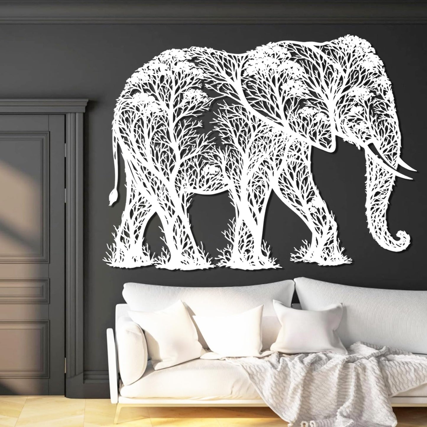 AJMTQRL Elephant Forest Silhouette Metal Wall Art, Elephant Tree Silhouette Metal Wall Art, Elephants Wall Decor, Wildlife Hanging Decor, Home Decoration (Gold 1, 19"x14"/47x35cm)