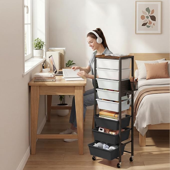 Rolling Cart with Drawers, Rolling Storage Cart with Large Plastic Drawers & Wooden Tabletop, Utility Cart with Pegboards & Basket, Storage Drawers Cart for Living Room, Classroom, Bedroom, Office