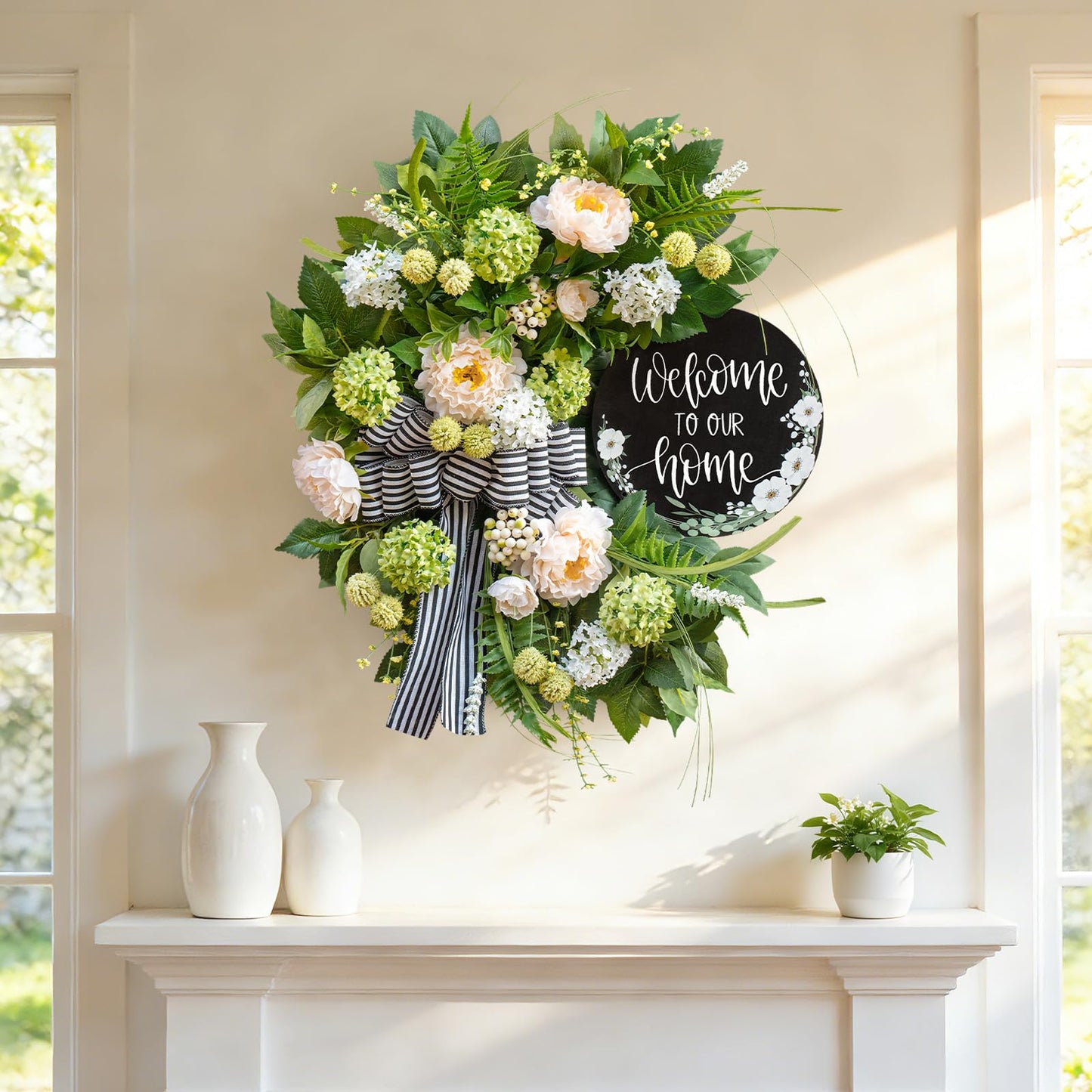 Spring Summer Wreaths for Front Door, Half Circle Summer Wreath with Hydrangea & Peony, Striped Bow & Welcome Sign – 24 Inch Indoor/Outdoor Seasonal, Housewarming & Festive Spring Door Wreath Decor