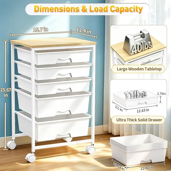 SUNALLY Rolling Carts With 5 Drawers, Storage Drawer Carts with Wooden Tabletop and 2 Lockable Wheels, Rolling Utility Cart for Craft Art Supply Storage & Home Office Organization, White