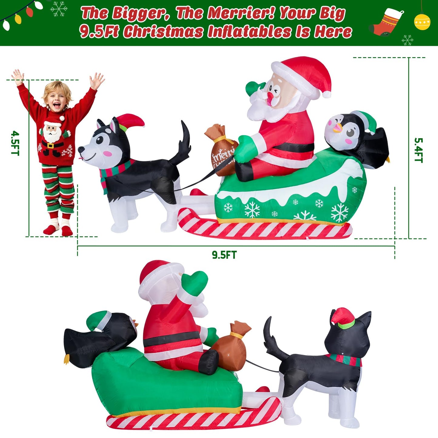 Meland Christmas Inflatables Outdoor - 9.5 FT Christmas Blow Ups Yard Decorations with Lights & Three Characters - Dog, Santa Clause on Sleigh, Penguin, Inflatable Decorations for Outside, Lawn Decor