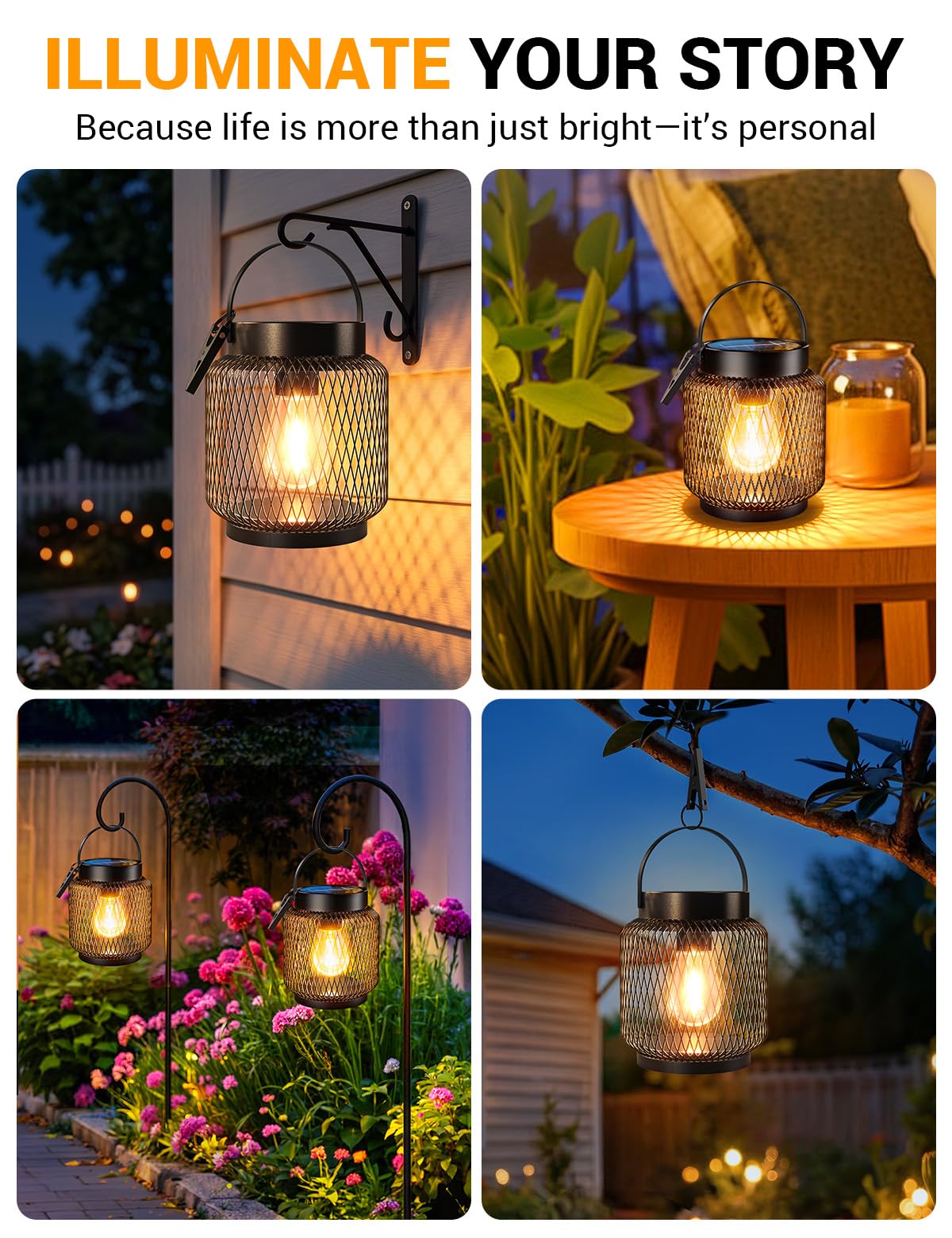 KOOPER Metal Solar Lanterns Outdoor Waterproof, 2 Pack Brighter Hanging Solar Lights for Outside, Up to 15 Hours Modern Hanging Solar Powered Lanterns Lights for Yard Patio Porch Garden Decorative