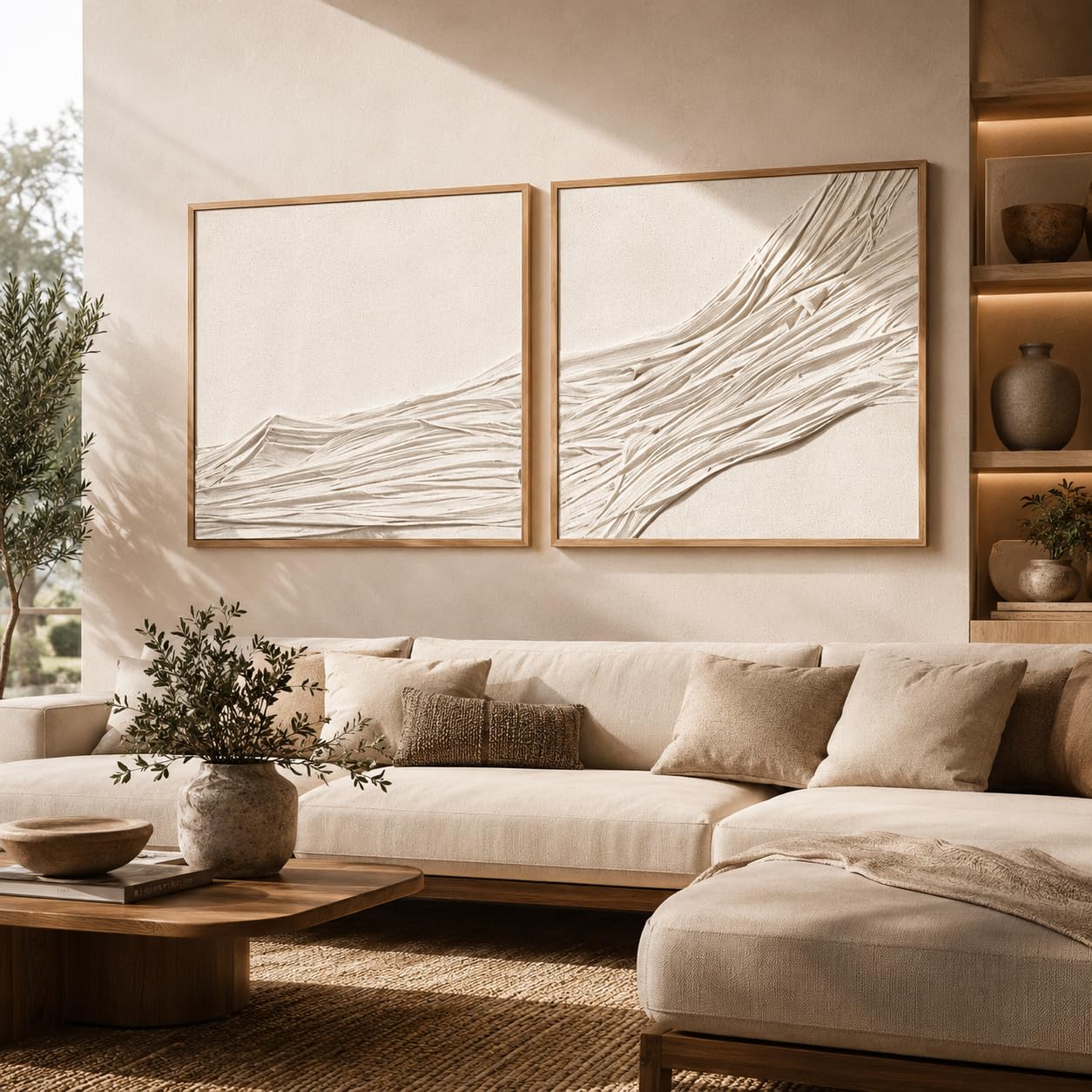 Artists' 3D Textured Wall Art Set of 2, Large White Beige Abstract Wall Decor, Handcrafted Fabric Textured Framed Artwork for Living Room Bedroom Office, Neutral Modern Boho Wall Art, 30x30 Inch x 2