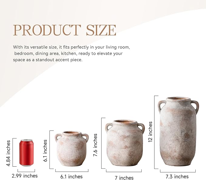 Large Flower Vase Home Decor - Tall Ceramic Farmhouse Rustic Table Vases with Handle Living Room Decoration Decorative Modern Vintage for Floor Kitchen Shelf Coffee Dining Desk Fireplace (12" Retro)