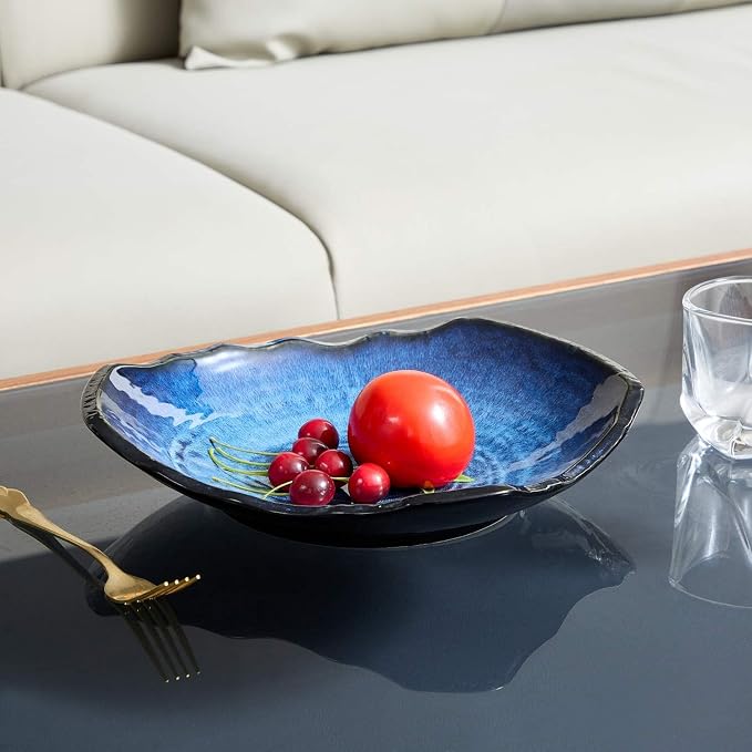 Large Ceramic Decorative Bowl – Blue Reactive Glaze Centerpiece Bowl, Modern Coffee Table Decor Dish, Entryway Catchall Key Bowl, Decorative Fruit Bowl for Dining Table Living Room (12” Dish)