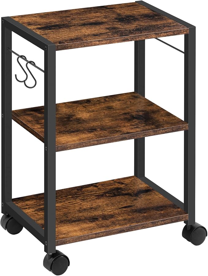 MAHANCRIS Printer Stand, 3-Tier Under Desk Rolling Cart with Storage Shelf, Heavy Duty Printer Table with Wheels for Home and Office, Printer Shelf with 2 Hooks, Small Spaces, Rustic Brown PTHR4001Z
