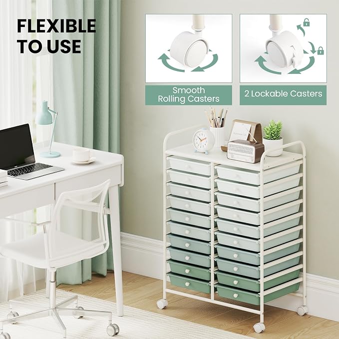 Giantex 20 Drawers Rolling Cart, Mobile Storage Drawer Cart, Classroom Organizer Cart for Office School Supplies Tools Scrapbook Paper Craft Small Printer, Utility Cart on Wheels, Green Gradient