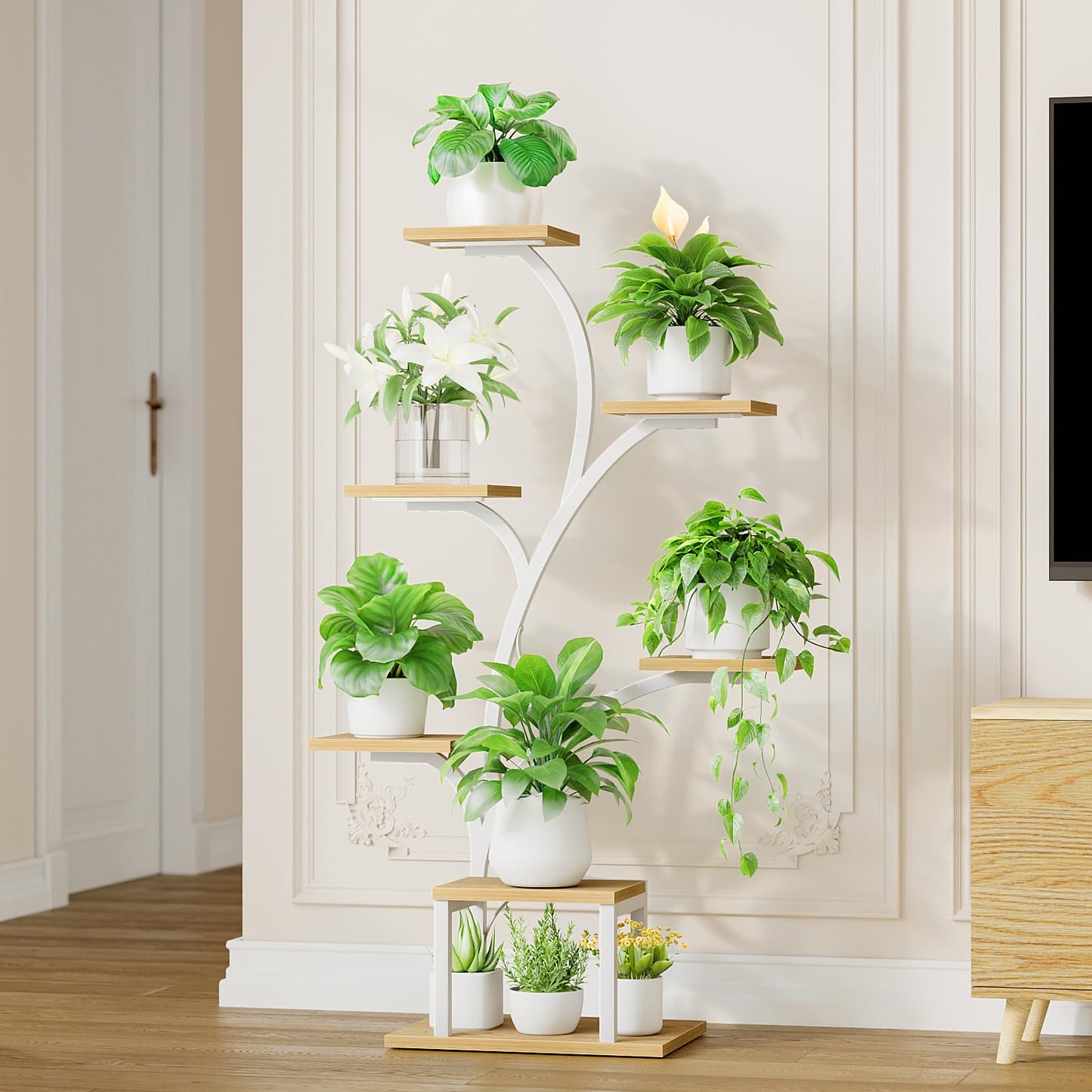 BACEKOLL Plant Stand Indoor with Grow Lights, 7 Tiered Indoor Plant Shelf, 49" Corner Plant Stands for Indoor Plants, Metal Plant Flower Display Shelf, Tree-Shaped Plant Rack for Home, Patio, Natural