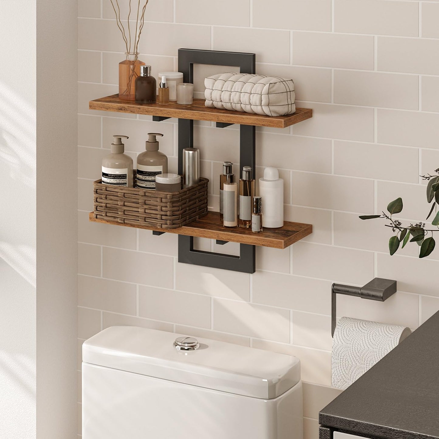 HOOBRO Floating Shelves, 15 Inch Wall Shelf Set of 2, Wall Mounted Storage Shelves 2-Tier, Hanging Bathroom Shelves, for Living Room, Bedroom, Bathroom, Kitchen, Rustic Brown and Black BF32BJ01G1