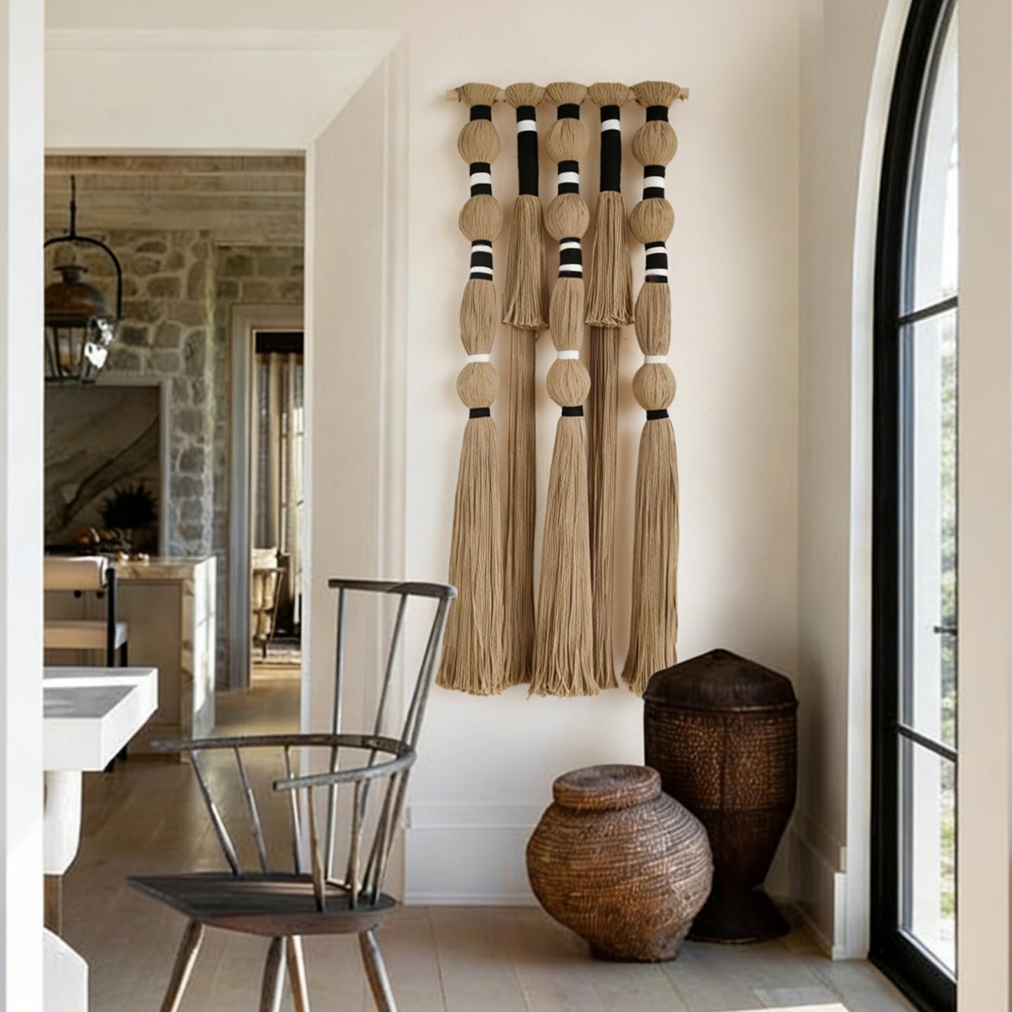 Flber Macrame Wall Hanging Khaki Black Geometric Yarn Wall Art Cotton Tassel Textile Wall Decor for Bedroom Living Room 15.7" W x 39" L