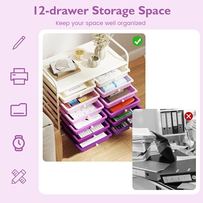 COSTWAY 12-Drawer Rolling Storage Cart, Utility Storage Organizer Cart for Tools, Scrapbook, Paper, Craft, Multipurpose Art Supply Organizer on Wheels for Home Office School, Teacher, Purple Gradient
