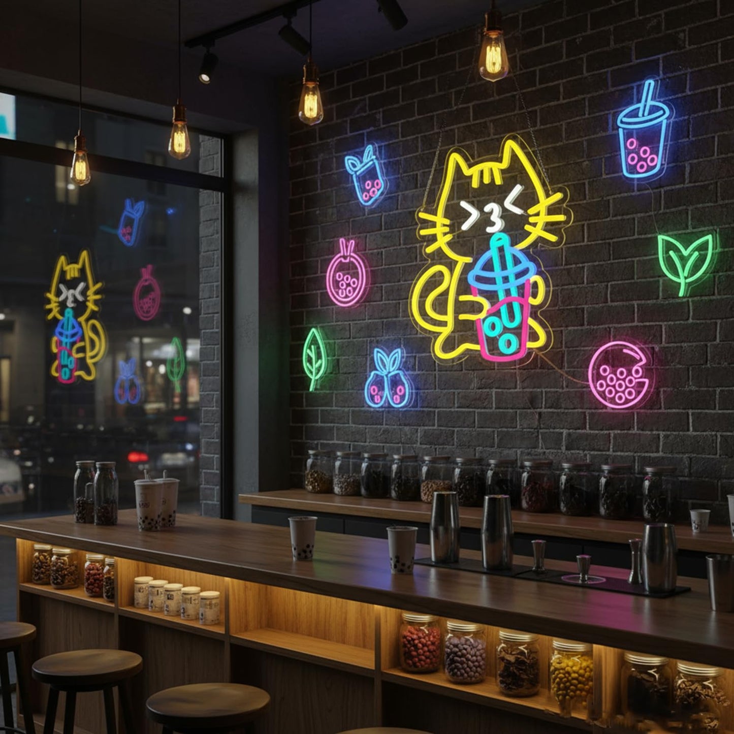 Sneignon Cat Boba Tea Neon Sign Yellow Cat Led Neon Signs for Wall Decor USB Bubble Tea Neon Light Cute Animal Neon Light Sign for Bedroom Dessert Bar Coffee Shop Kitchen Restaurant Party