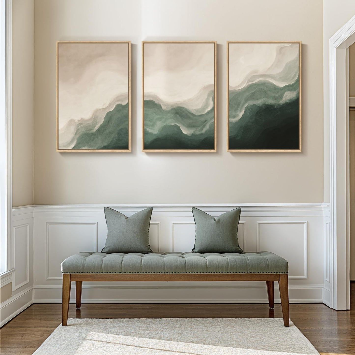 Large Framed Green and Beige Abstract Wall Art Set of 3, Modern Neutral Canvas Prints Paintings Artwork for Walls, Minimalist Abstract Pictures for Living Room Dining Room Bedroom Wall Decor 20x30 In