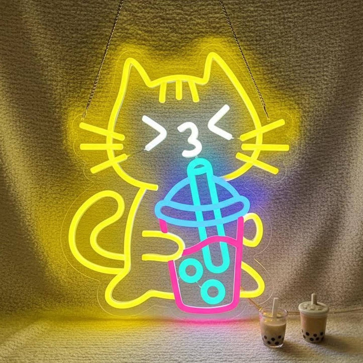 Sneignon Cat Boba Tea Neon Sign Yellow Cat Led Neon Signs for Wall Decor USB Bubble Tea Neon Light Cute Animal Neon Light Sign for Bedroom Dessert Bar Coffee Shop Kitchen Restaurant Party