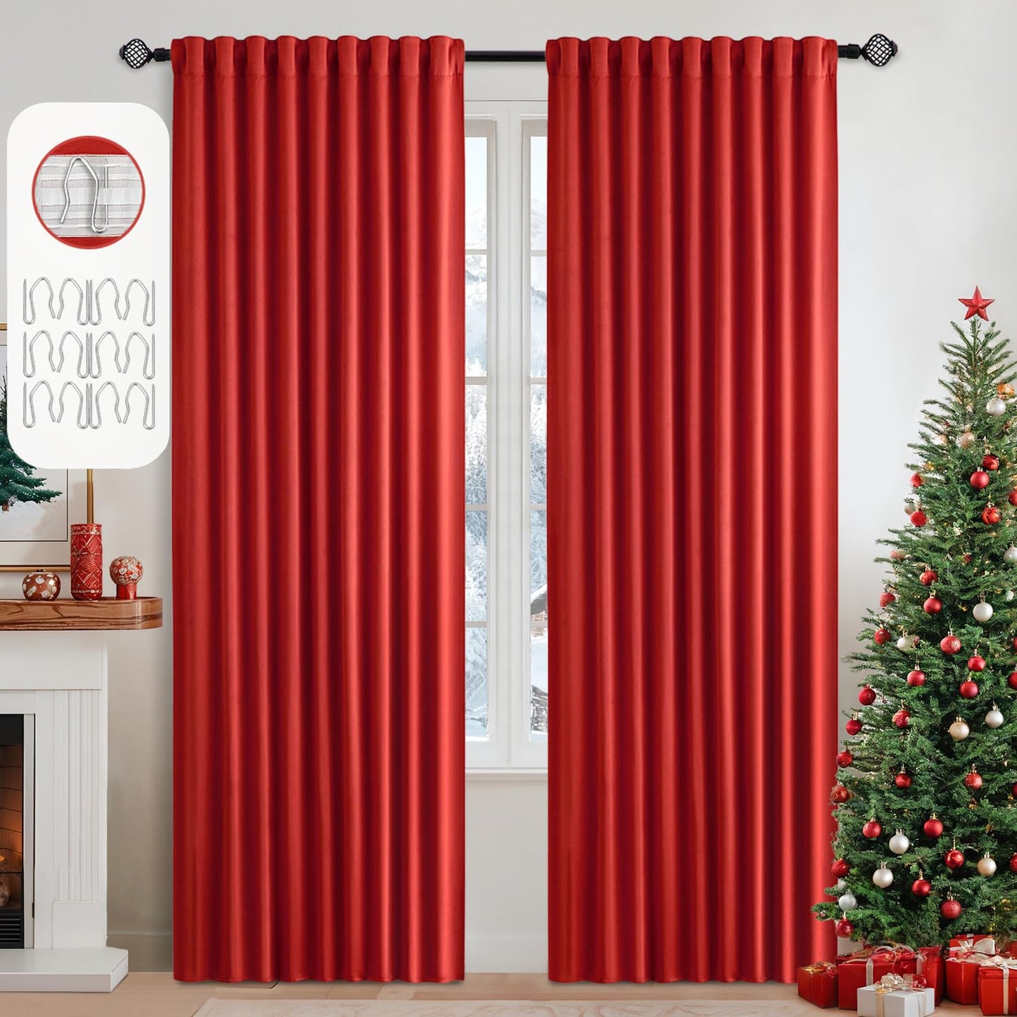 MIULEE Christmas Red Back Tab Blackout Curtains 84 Inch Length 2 Panels Set for Living Room Bedroom Privacy, Rod Pocket/Pinch Pleat Thermal Insulated Room Darkening Pleated Light Blocking Drapes