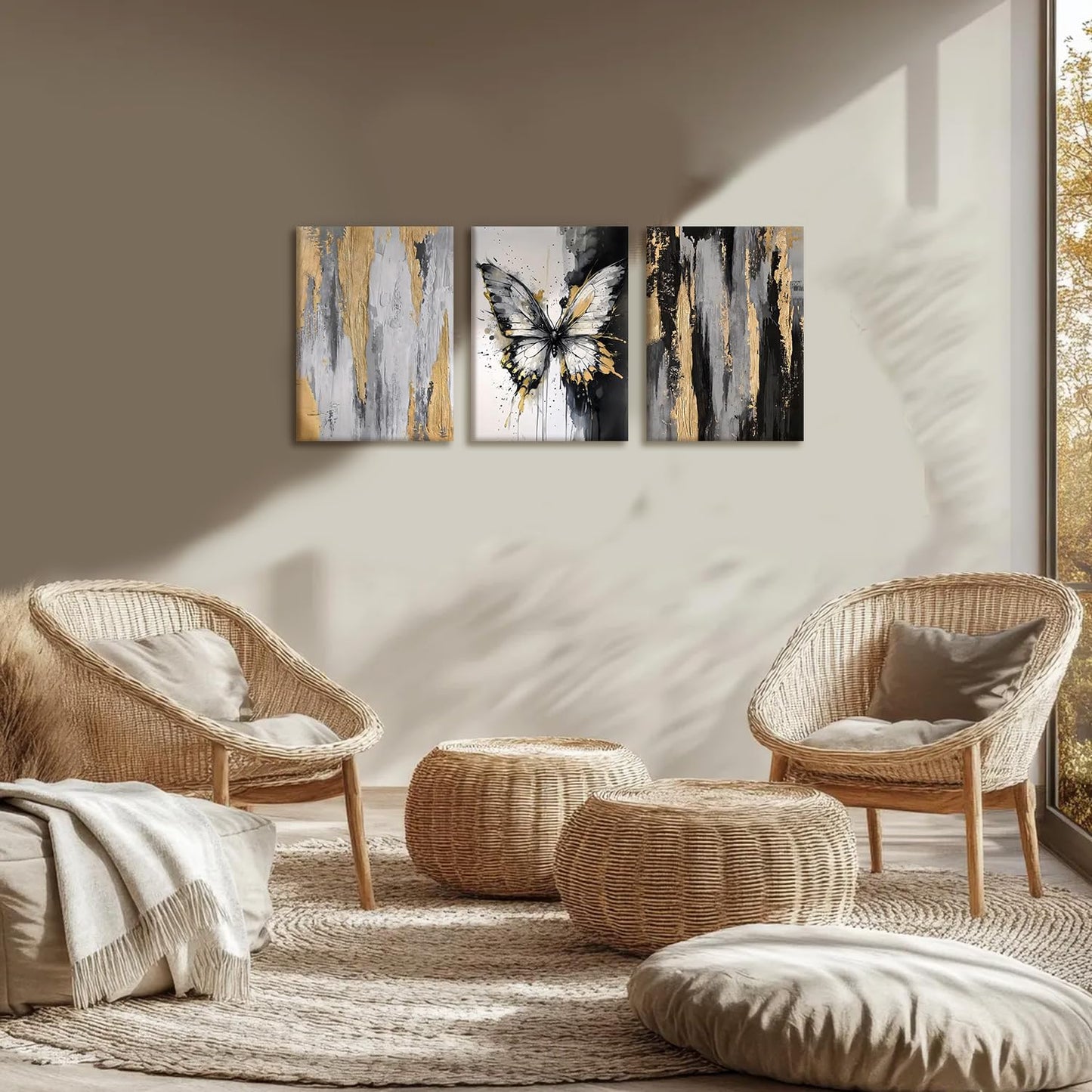 NCCXNCC 3Pcs Abstract Black and Gold Flowing Butterfly Canvas Wall Art Modern Minimalist Wall Decoration Artwork Black and White Abstract Poster Print Suitable for Living Room/Office12x16Inch Framed