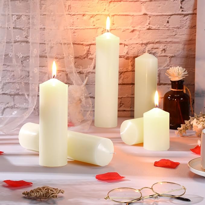 MTLEE Set of 72 Ivory Pillar Candles 2 x 3, 2 x 6, 2 x 8 Inch Smokeless and Dripless Unscented Large Candles Long Clean Burning Rustic Pillar for Wedding Dinner Home Decor