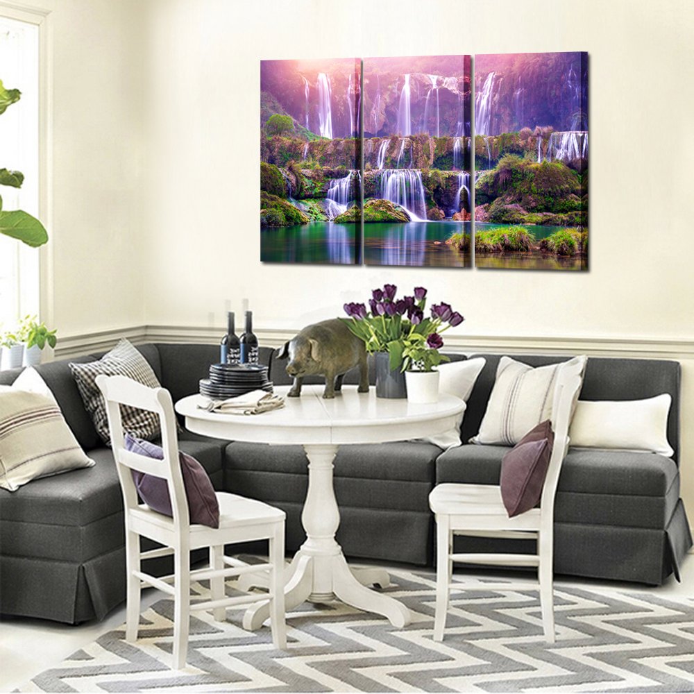 KREATIVE ARTS Large Size 3 Pieces Peaceful Dreamlike Waterfall Canvas Wall Art Purple Landscape Picture Artwork Modern Nature Painting Hotel Bedroom Interior Home Decor 16x32inchx3pcs