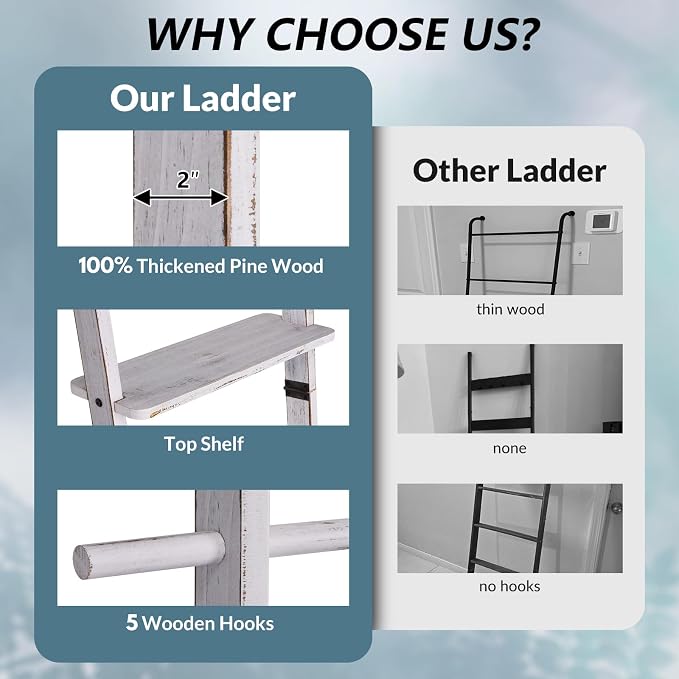 67" Wooden Blanket Ladder with Shelf and Hooks, 6-Tier Blanket Ladder for Living Room, Wall-Leaning Towel Ladder and Quilt Rack Storage, Farmhouse Decor Ladder for Display (Vintage White)