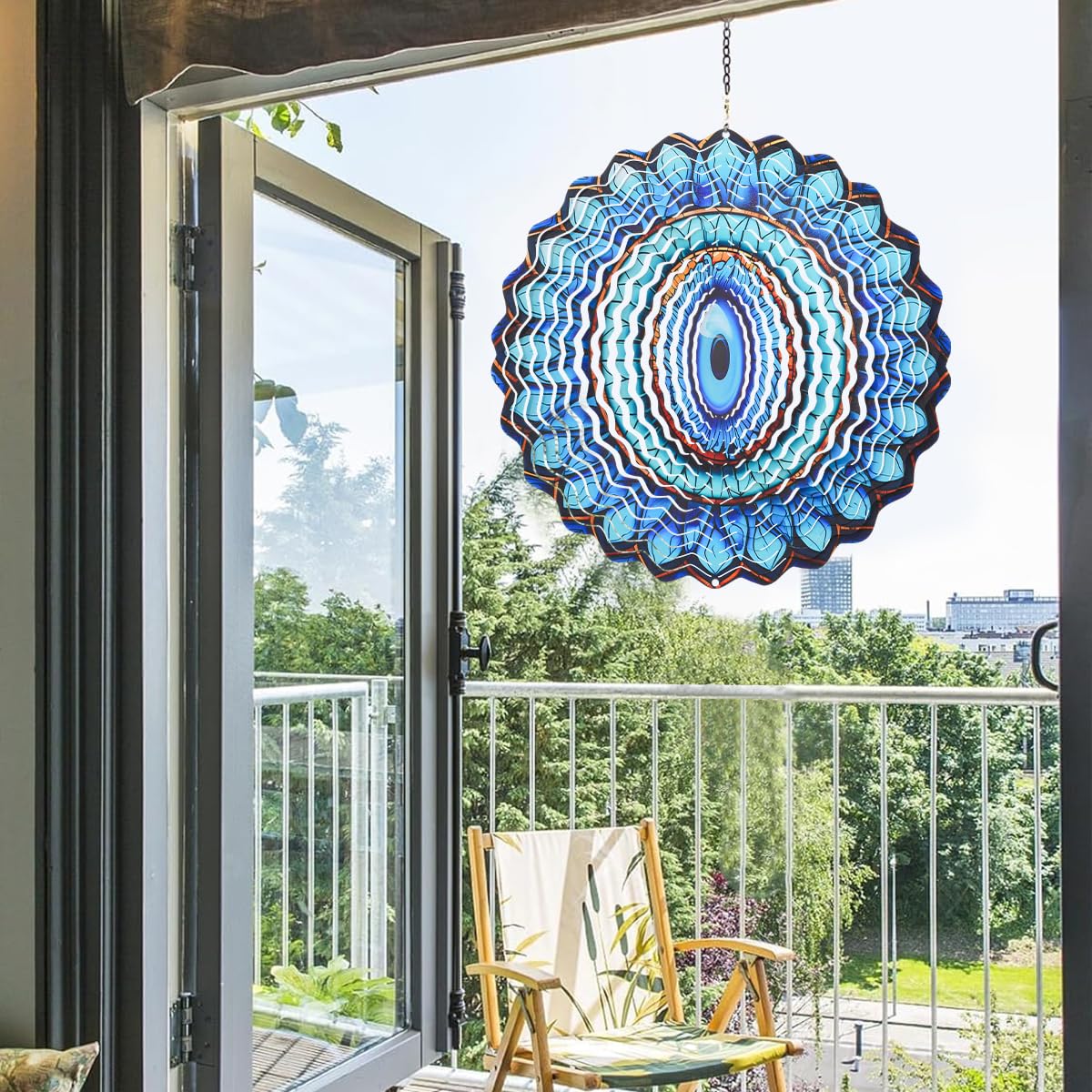 SAC SMARTEN ARTS 3D Wind Spinner Mandala 10 Inch Evil Eye Stainless Steel Wind Sculpture Blue Hanging Ornament Laser Cut Metal Art for Indoor Outdoor Garden Decoration Protective Amulet for Home Yard